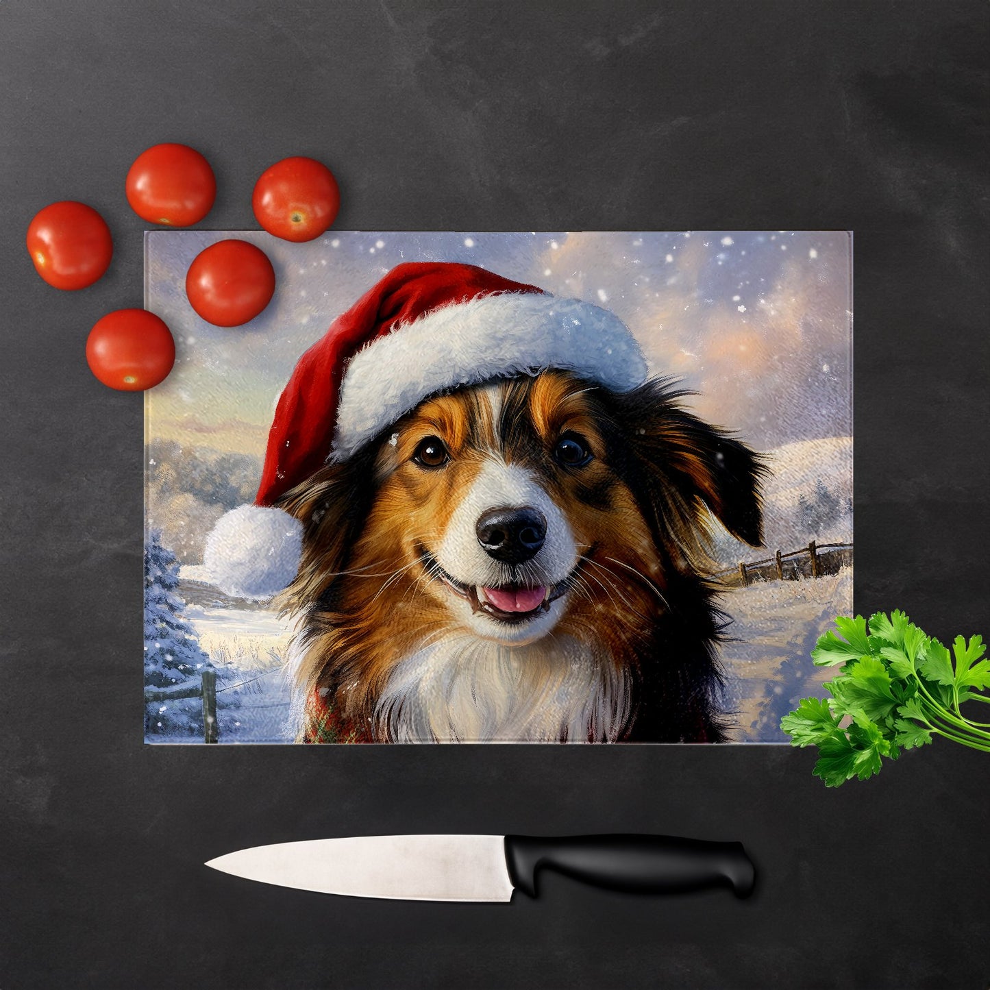 Christmas Shetland Sheepdog Glass Chopping Board