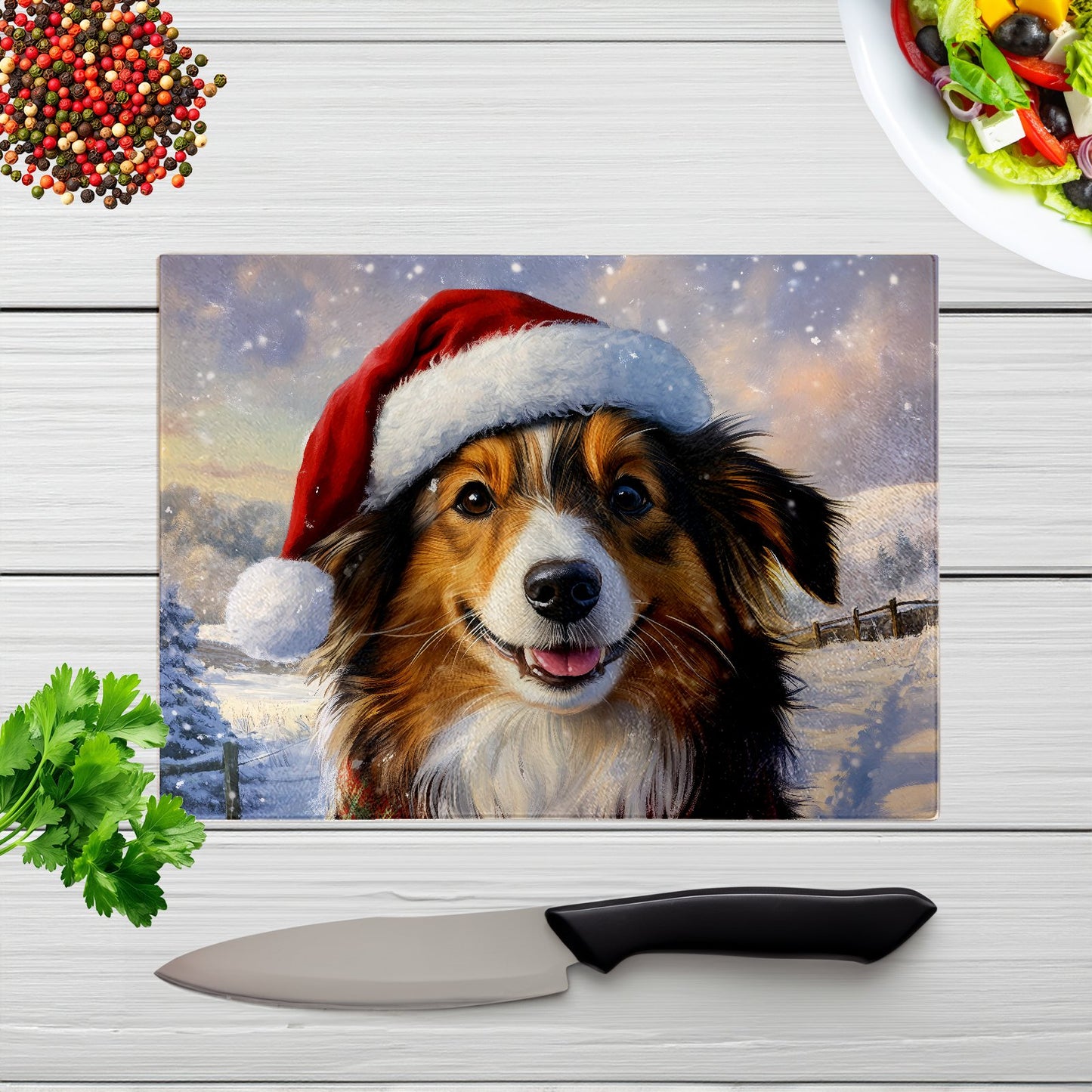 Christmas Shetland Sheepdog Glass Chopping Board