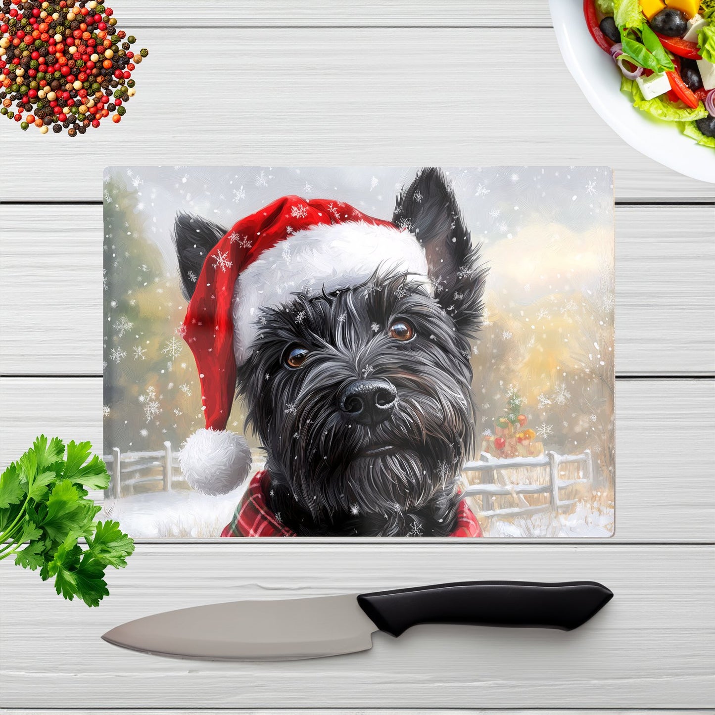 Christmas Scottish Terrier Glass Chopping Board