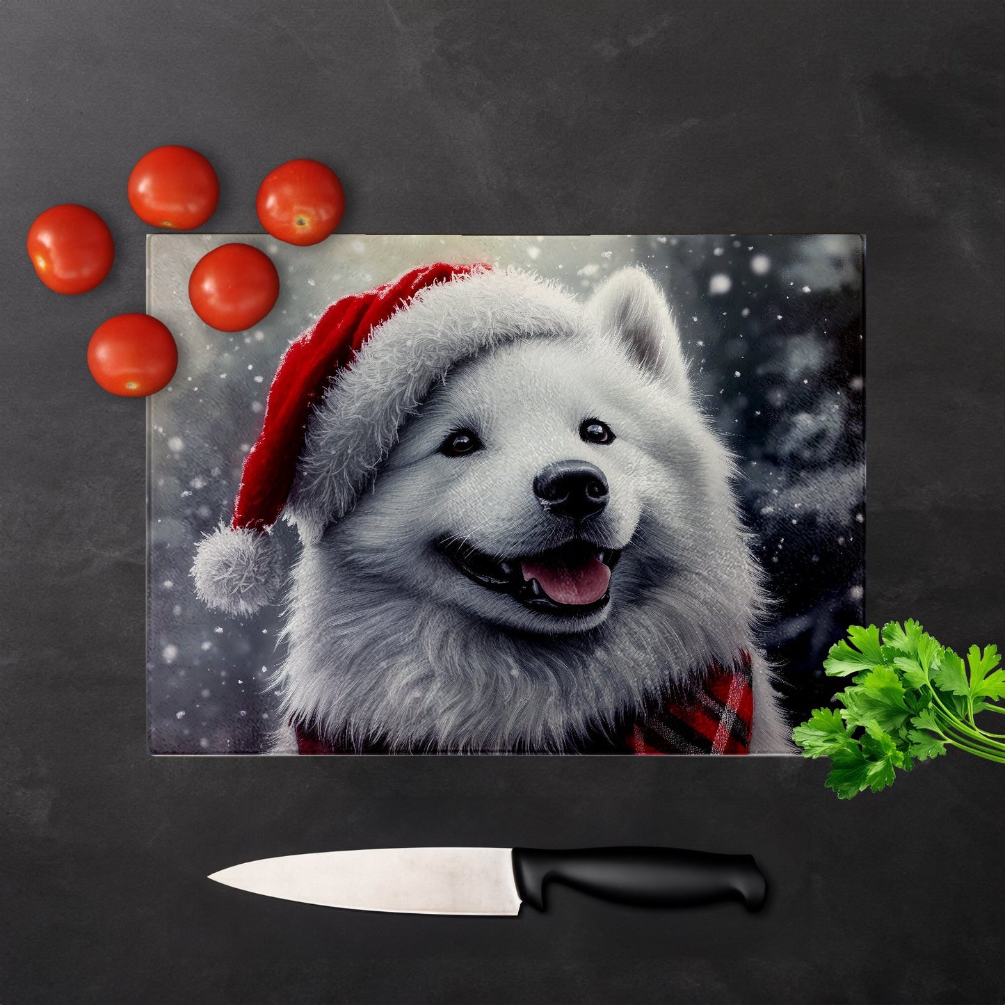 Christmas Samoyed Glass Chopping Board