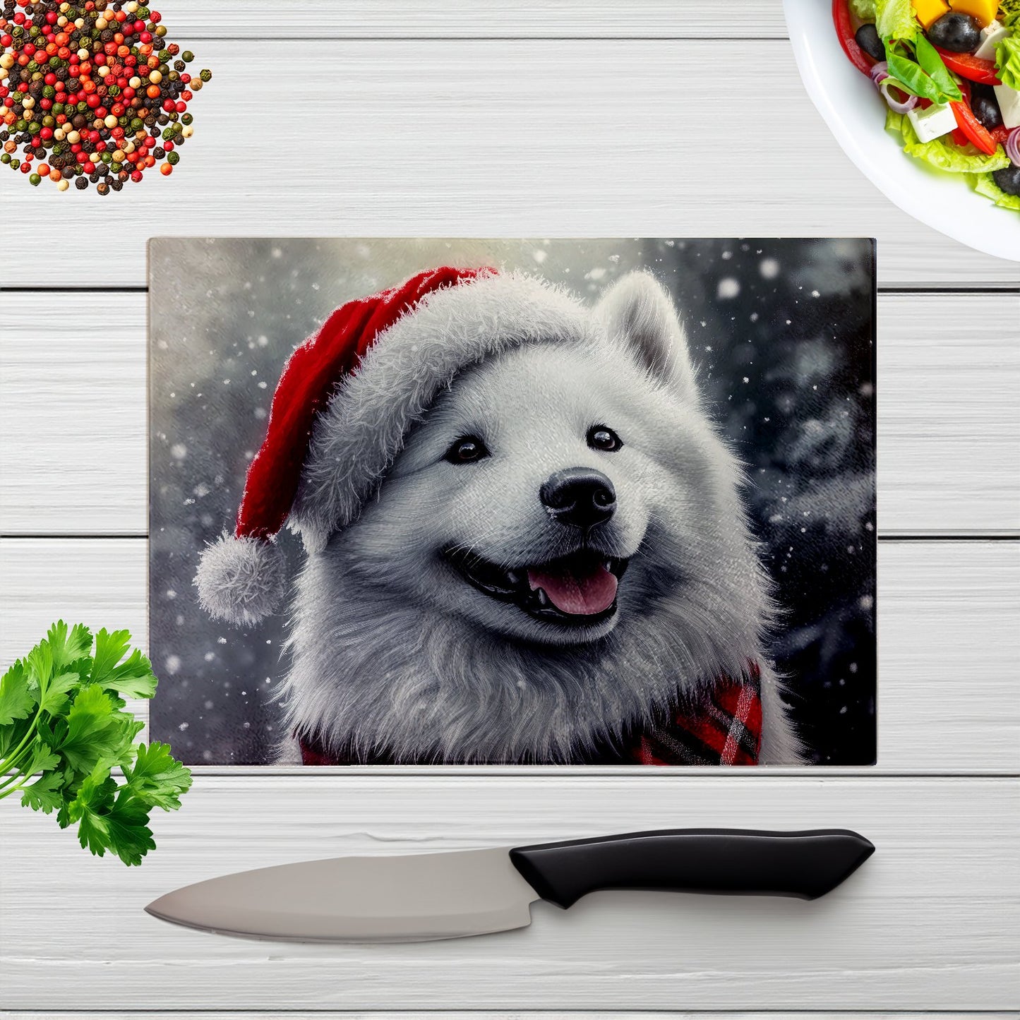 Christmas Samoyed Glass Chopping Board