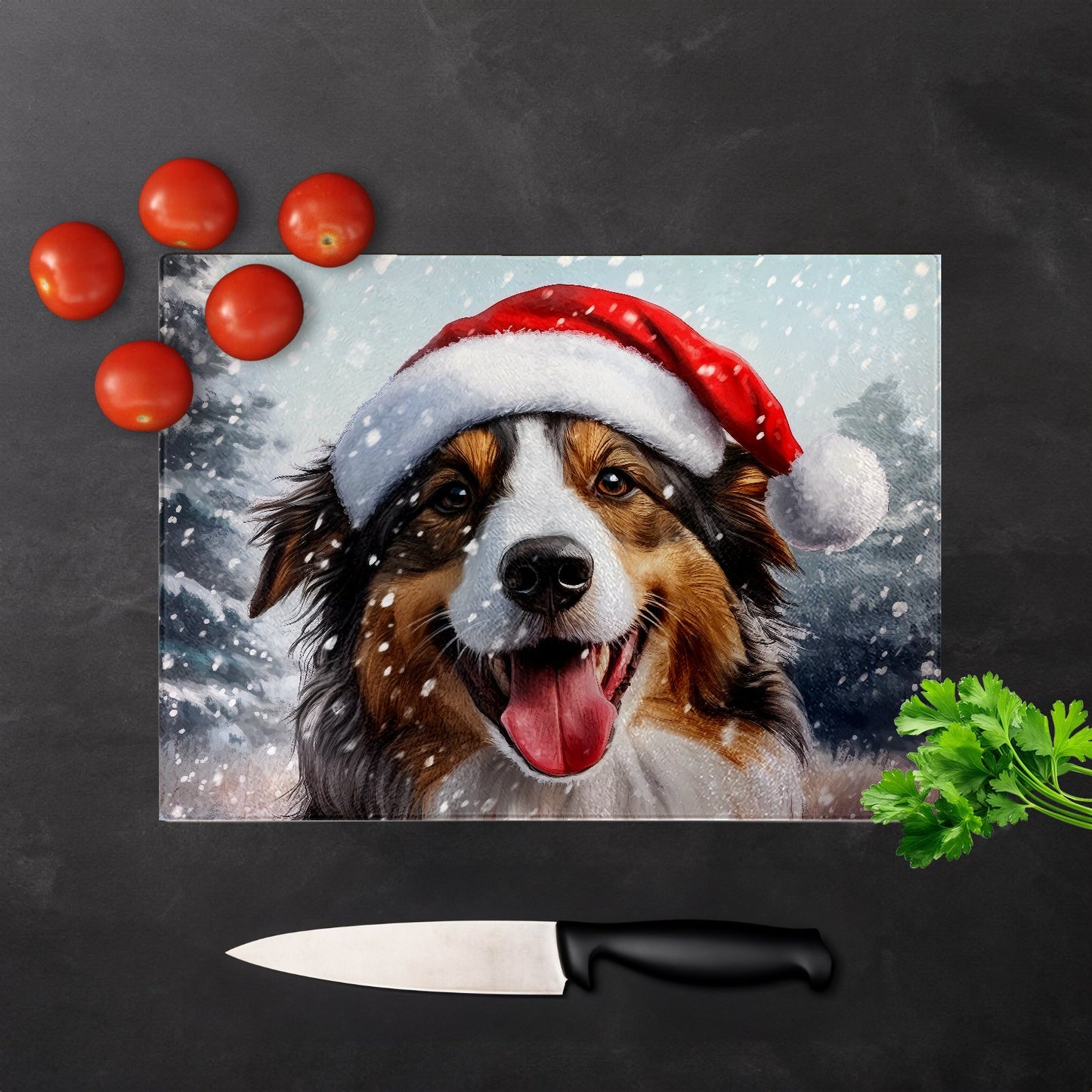 Christmas Rough Collie Glass Chopping Board