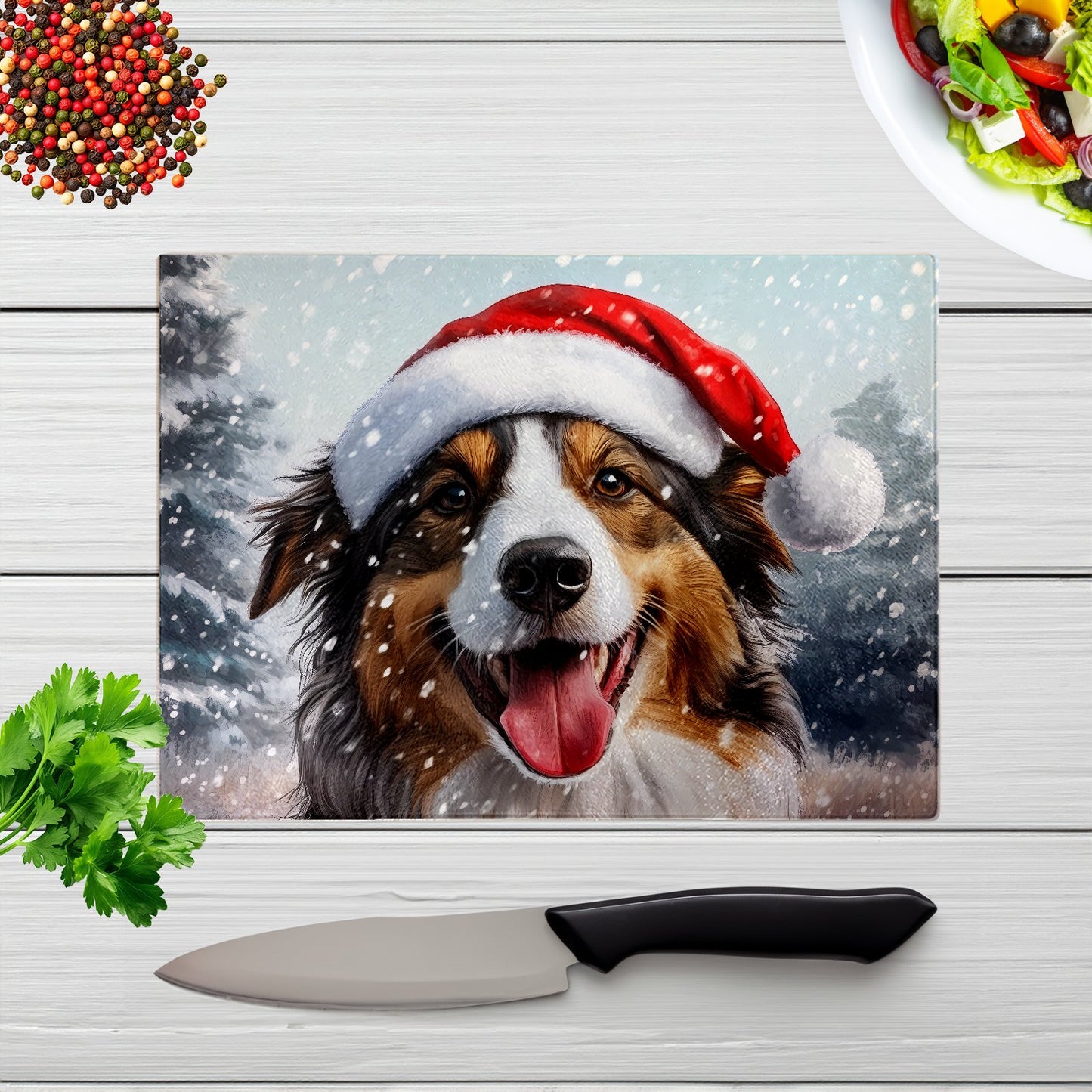 Christmas Rough Collie Glass Chopping Board