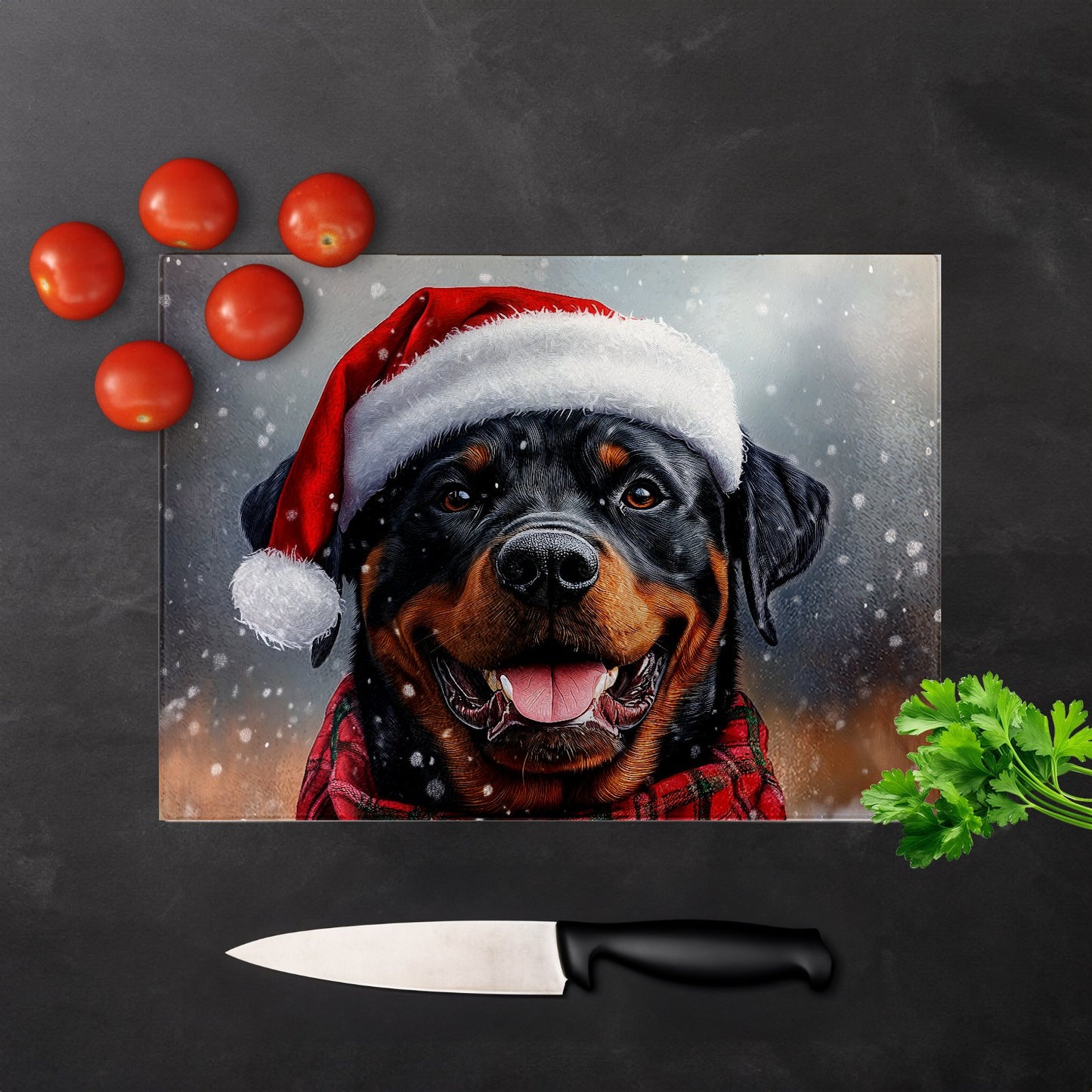Snowy Christmas Rottweiler Glass Chopping Board