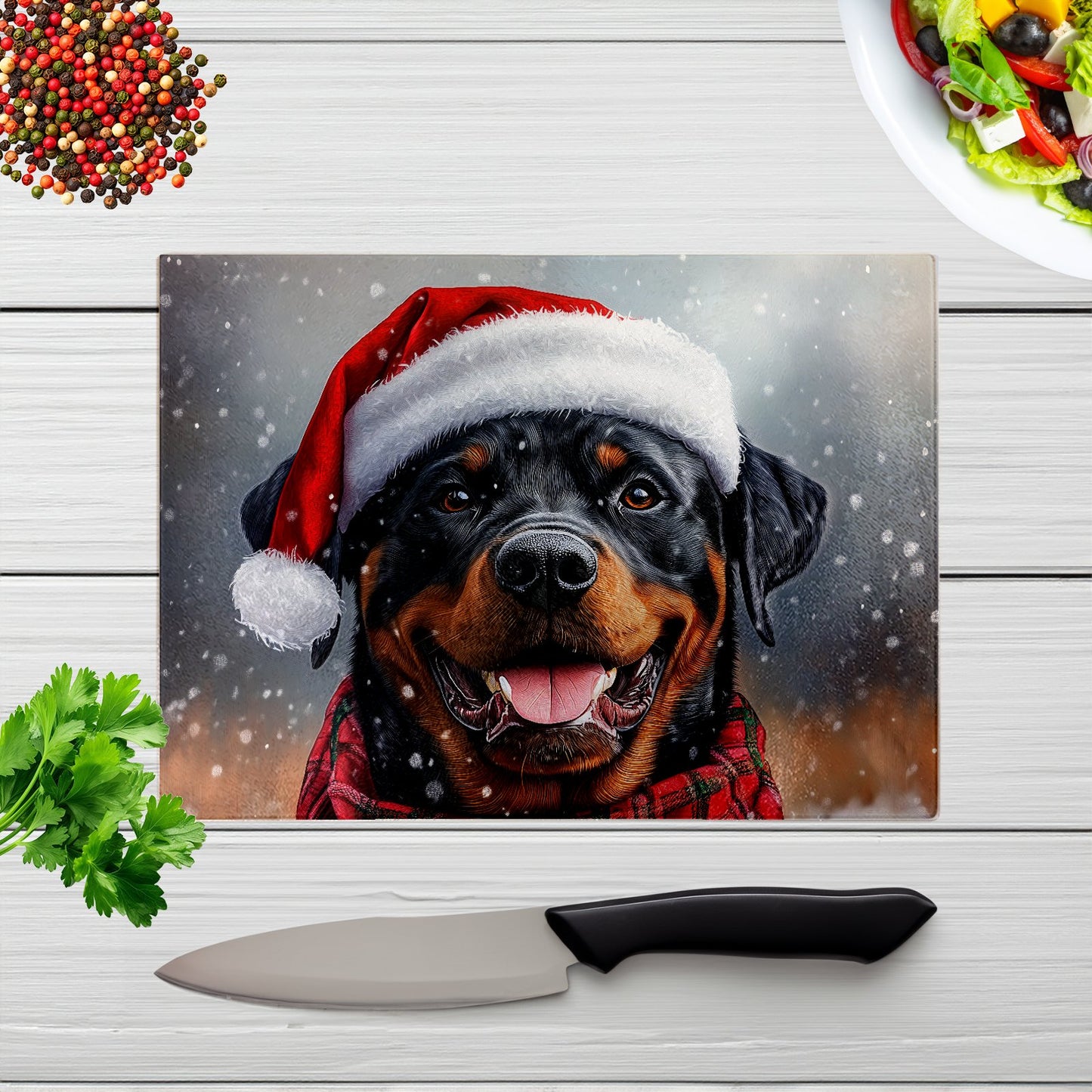 Snowy Christmas Rottweiler Glass Chopping Board