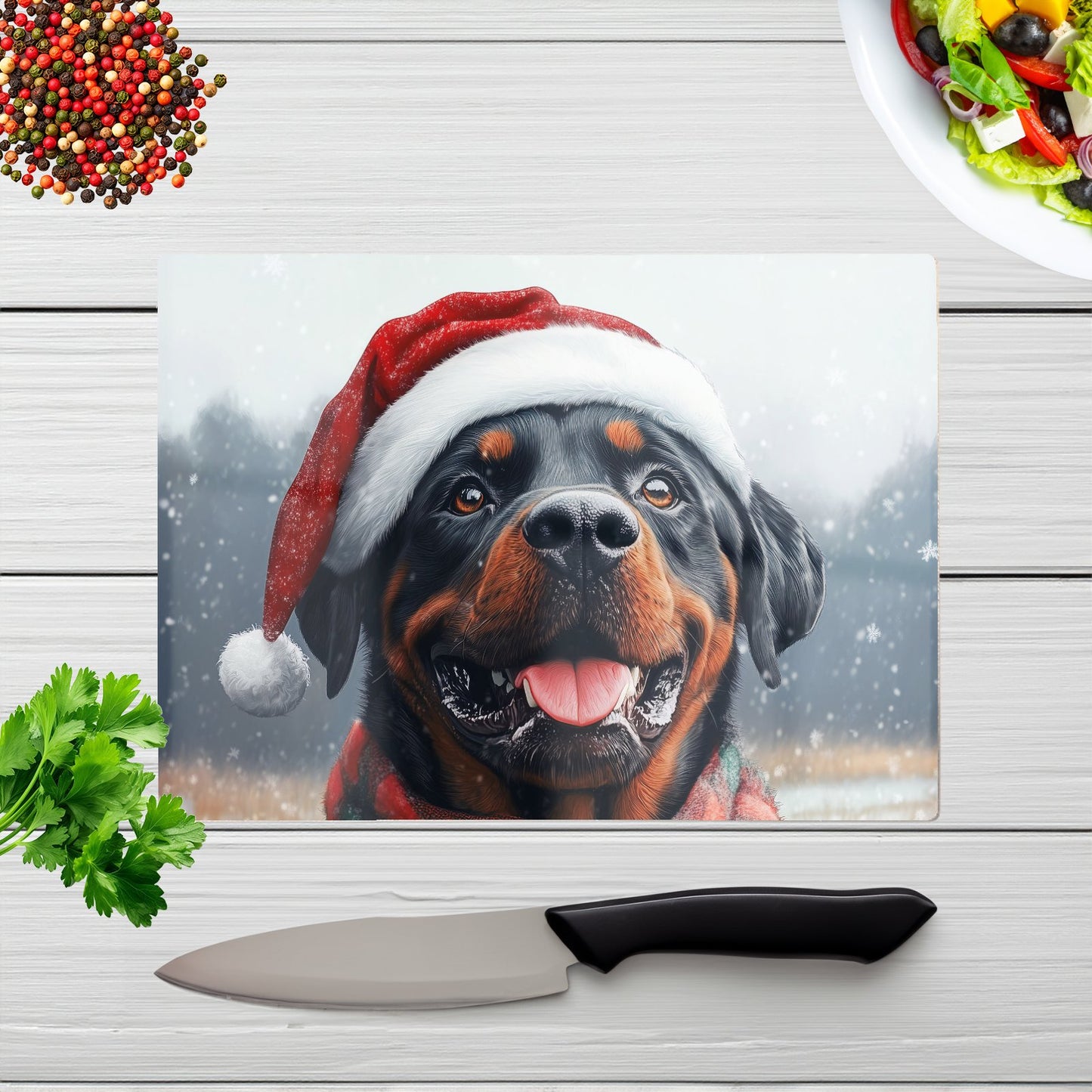 Christmas Rottweiler Glass Chopping Board