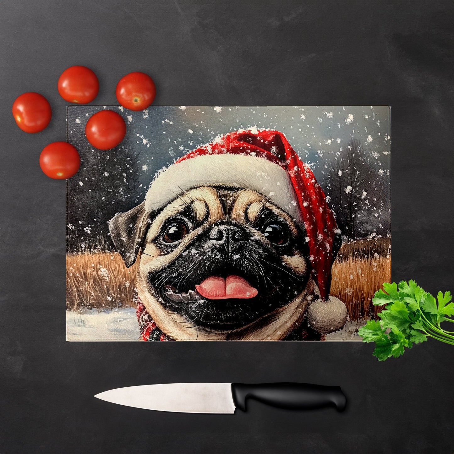 Christmas Pug Glass Chopping Board
