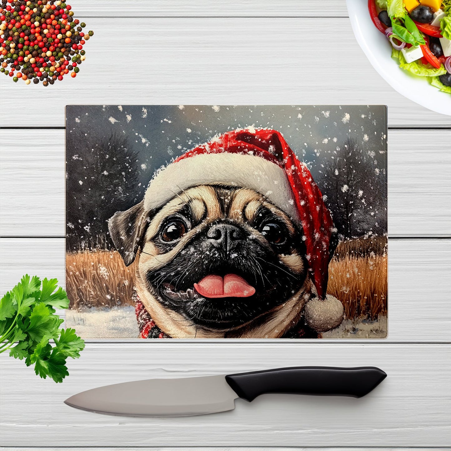 Christmas Pug Glass Chopping Board