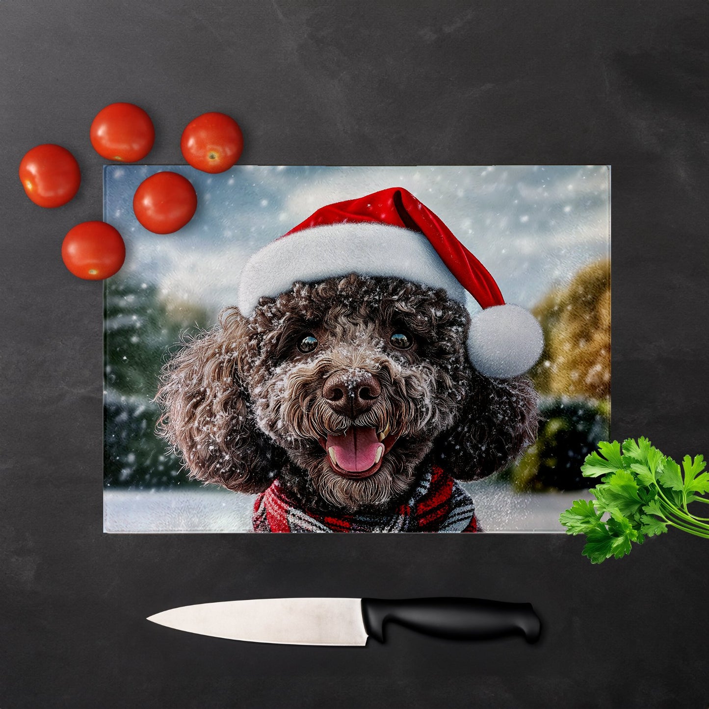 Snowy Christmas Poodle Glass Chopping Board