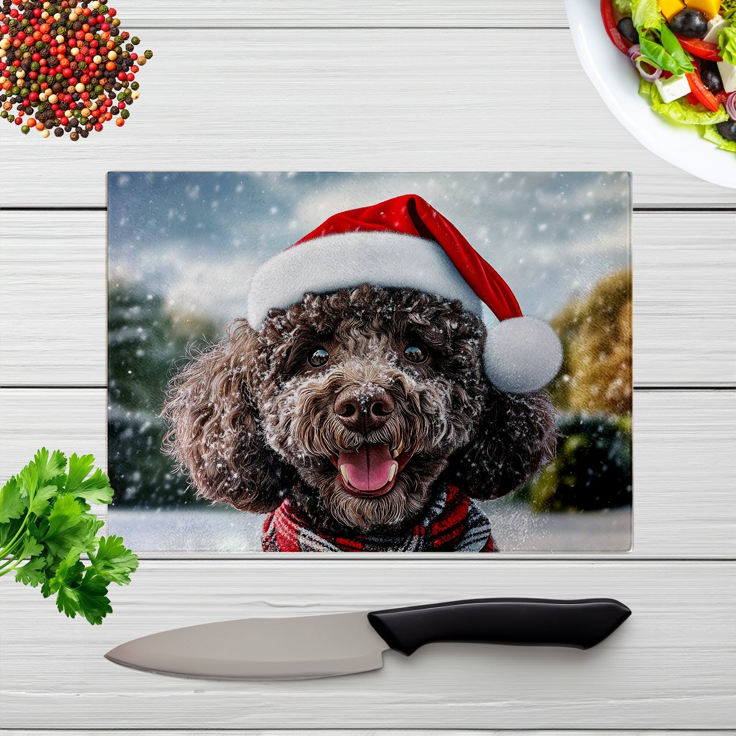 Snowy Christmas Poodle Glass Chopping Board