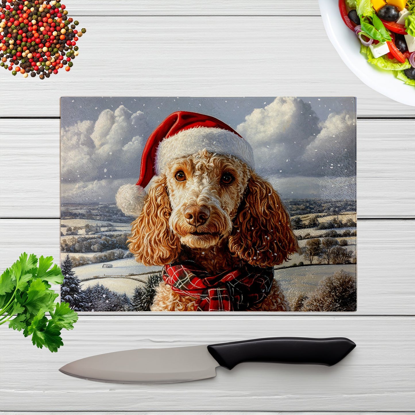 Christmas Poodle Glass Chopping Board