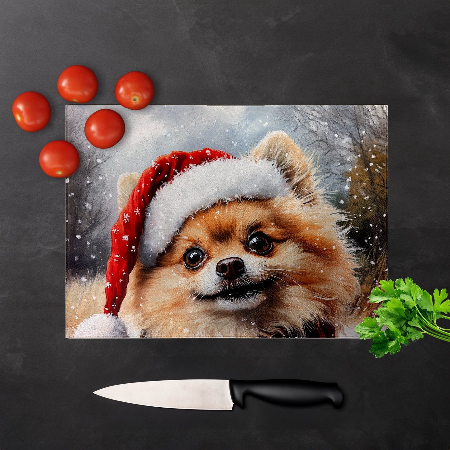 Snowy Christmas Pomeranian Glass Chopping Board