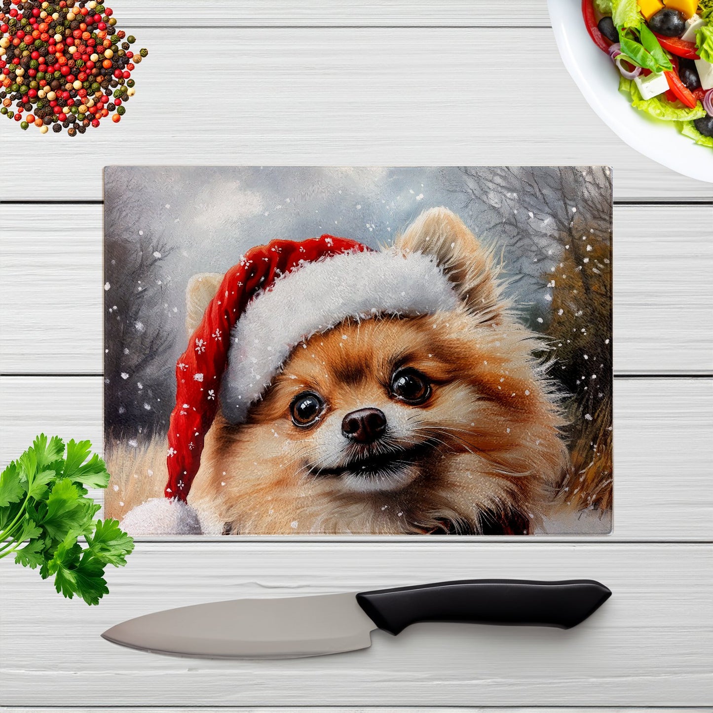 Snowy Christmas Pomeranian Glass Chopping Board