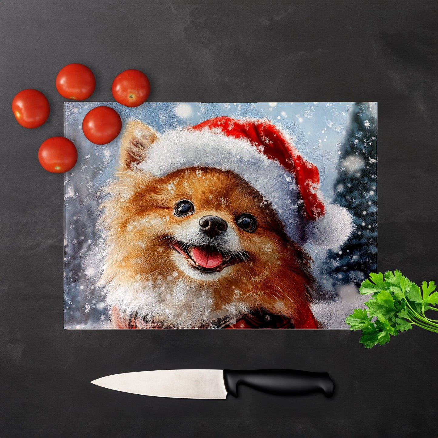 Christmas Pomeranian Glass Chopping Board