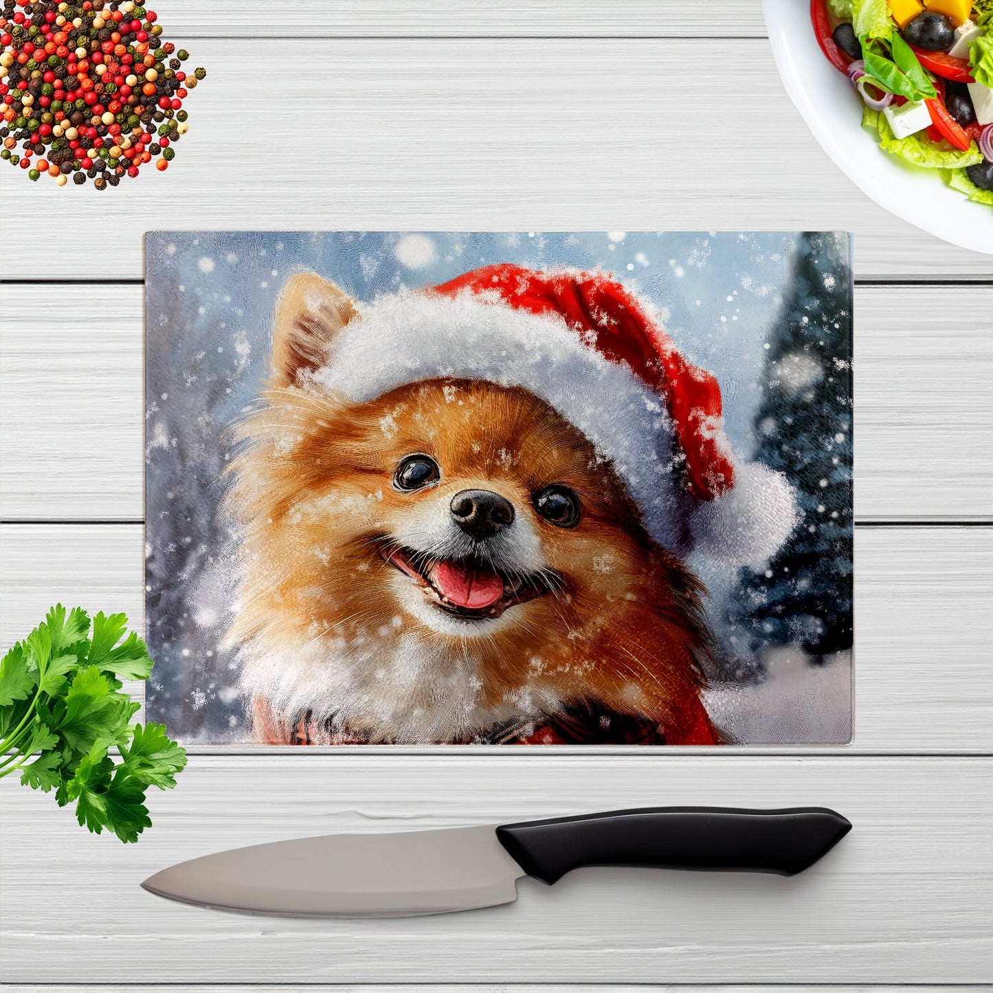 Christmas Pomeranian Glass Chopping Board