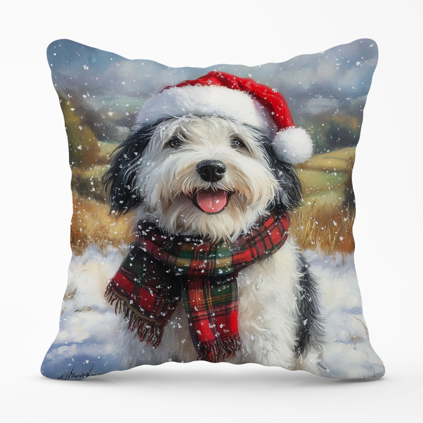 Snowy Christmas Old English Sheepdog Cushion