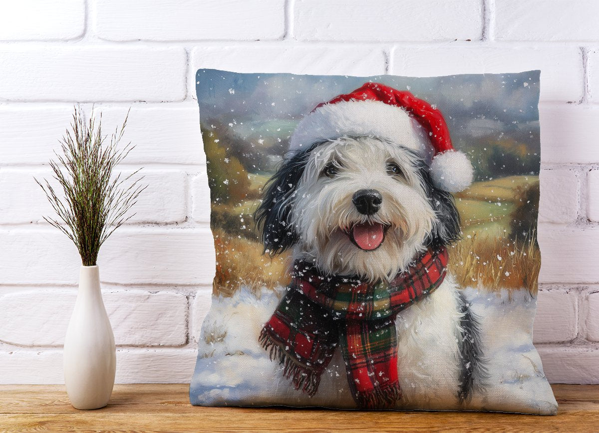 Snowy Christmas Old English Sheepdog Cushion