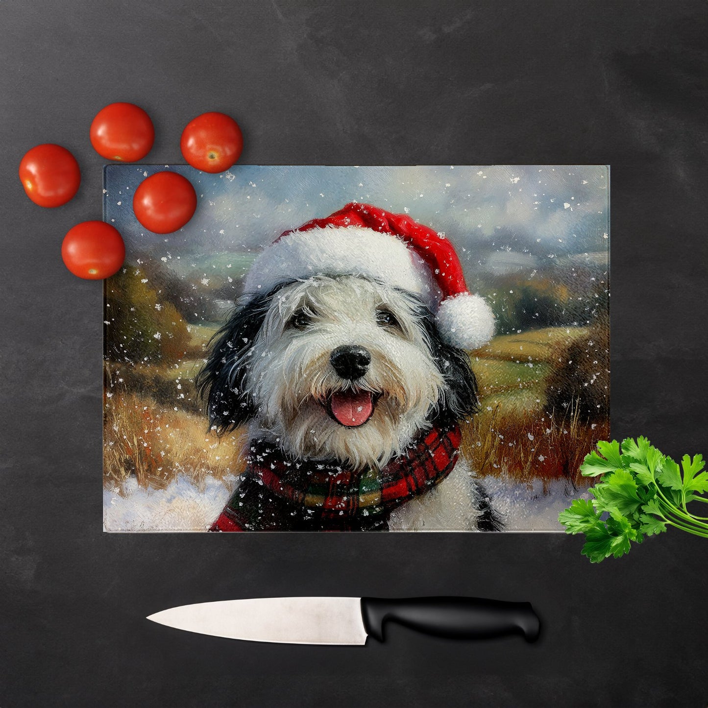 Snowy Christmas Old English Sheepdog Glass Chopping Board