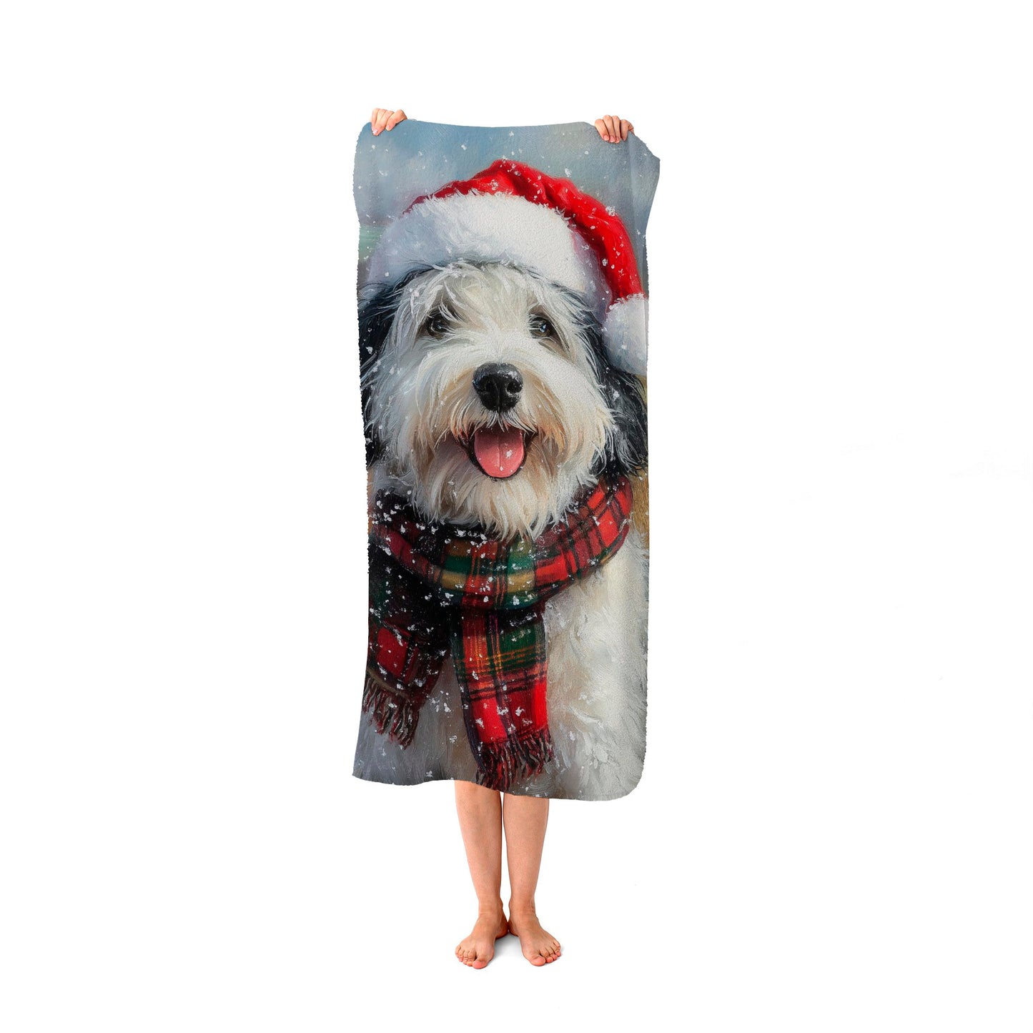 Snowy Christmas Old English Sheepdog Beach Towel