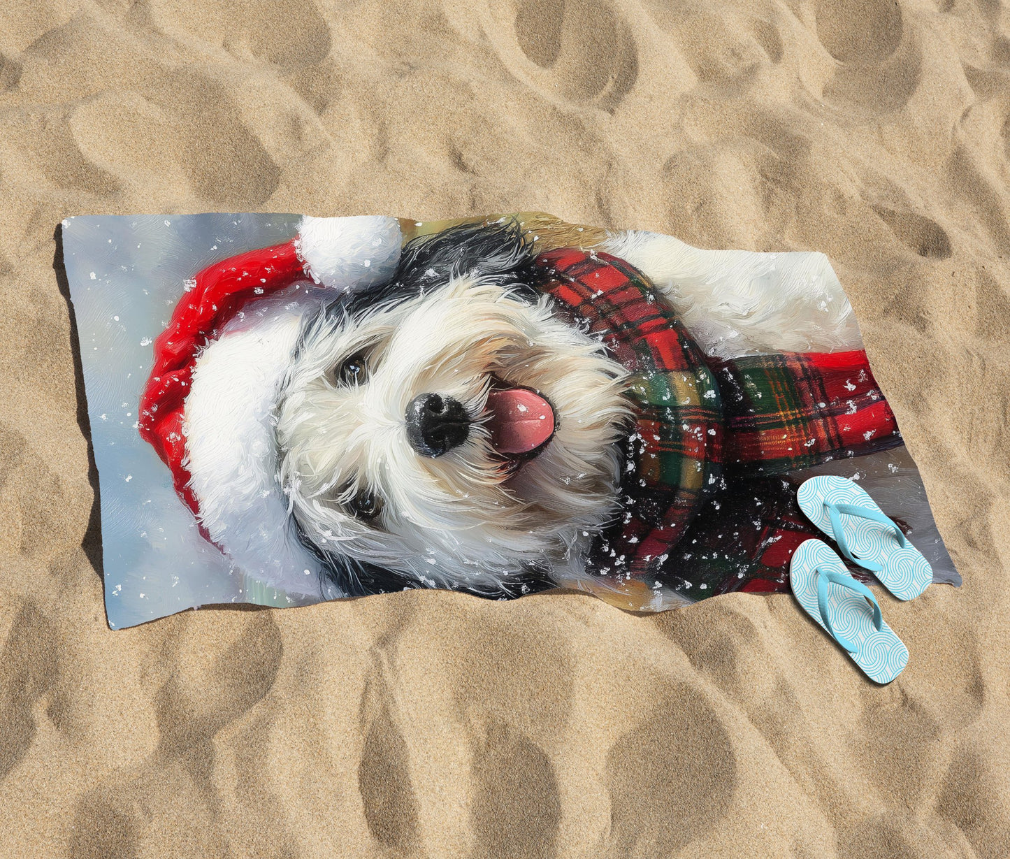 Snowy Christmas Old English Sheepdog Beach Towel