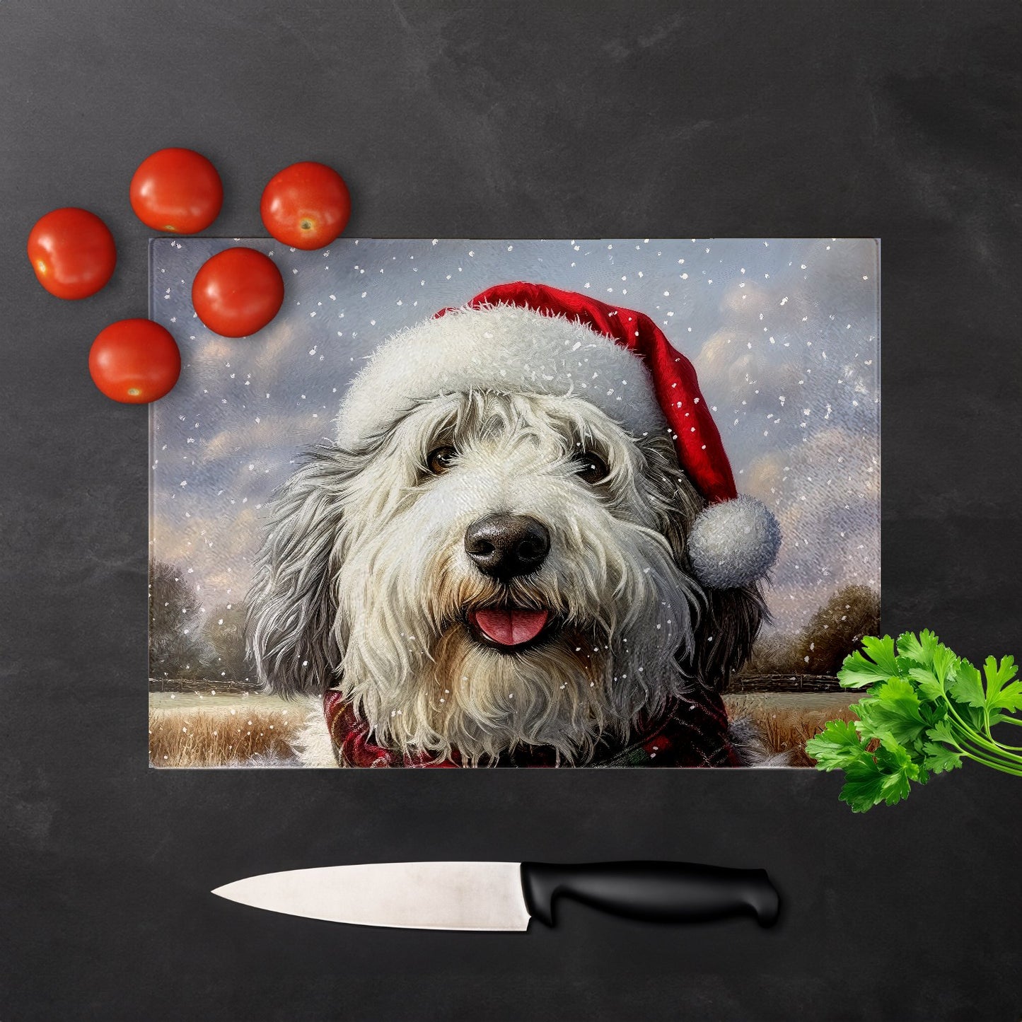 Christmas Old English Sheepdog Glass Chopping Board