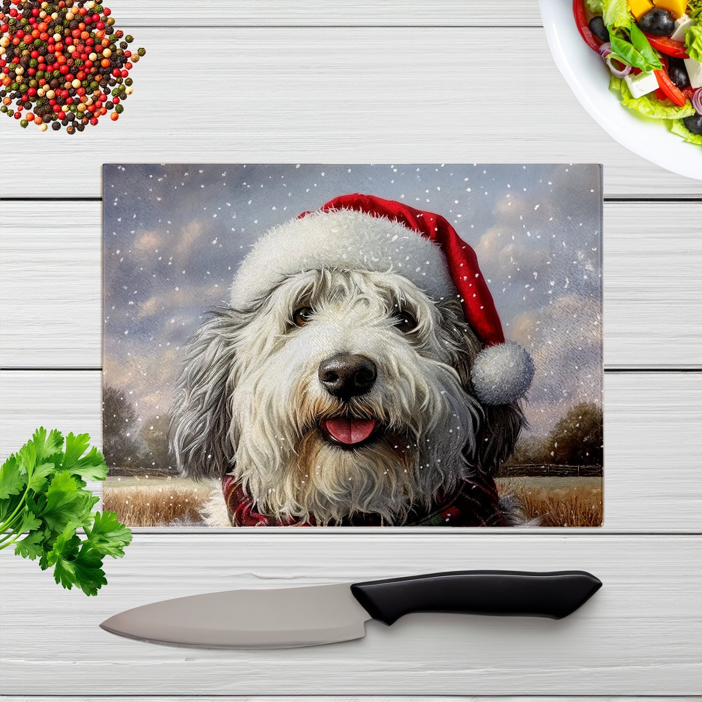 Christmas Old English Sheepdog Glass Chopping Board