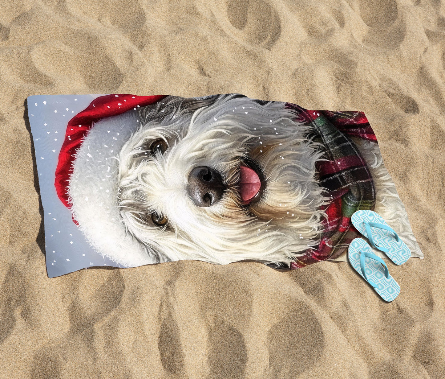 Christmas Old English Sheepdog Beach Towel