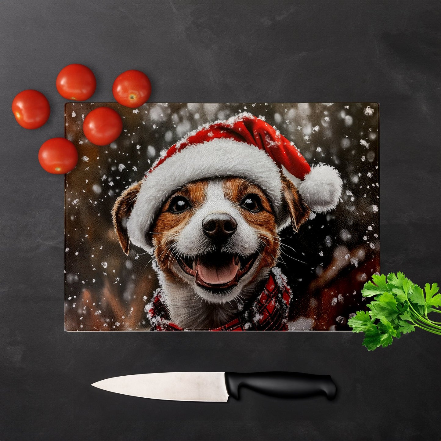 Snowy Christmas Jack Russell Glass Chopping Board