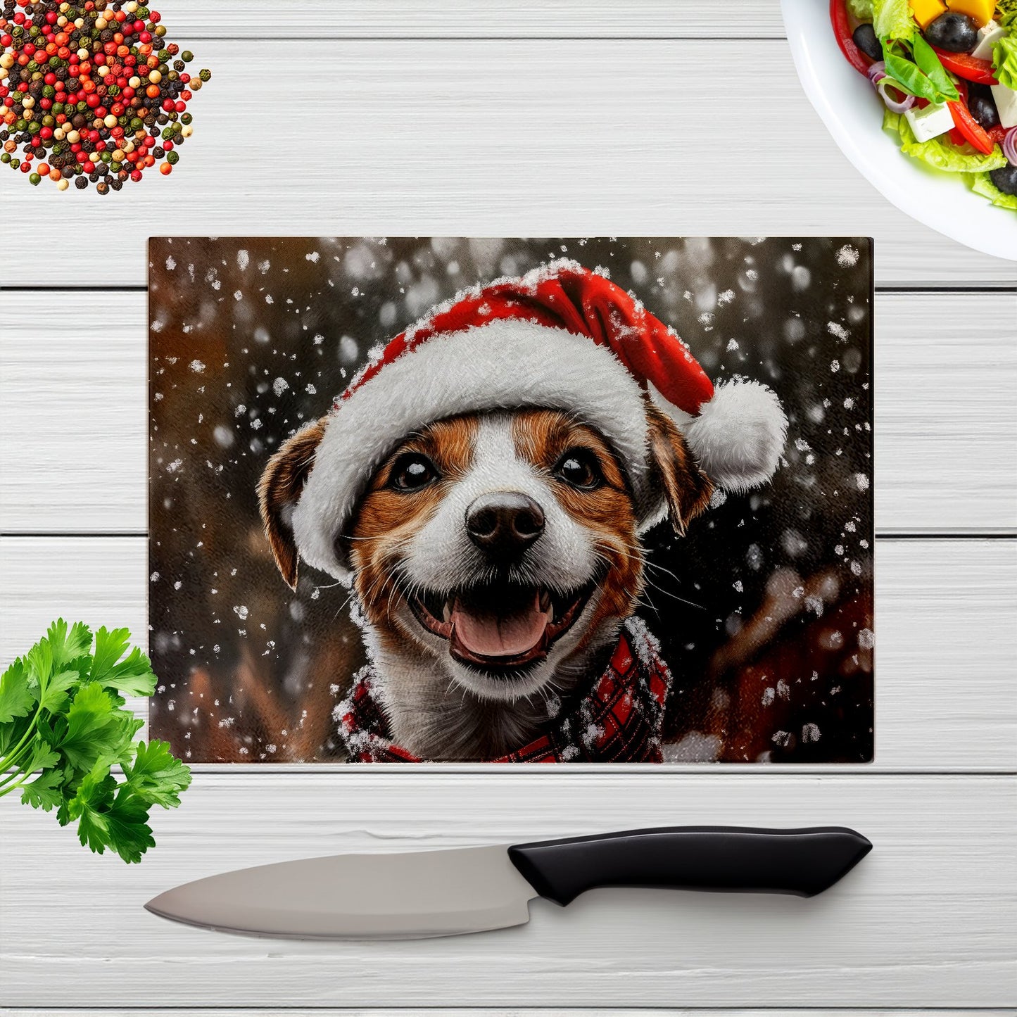 Snowy Christmas Jack Russell Glass Chopping Board