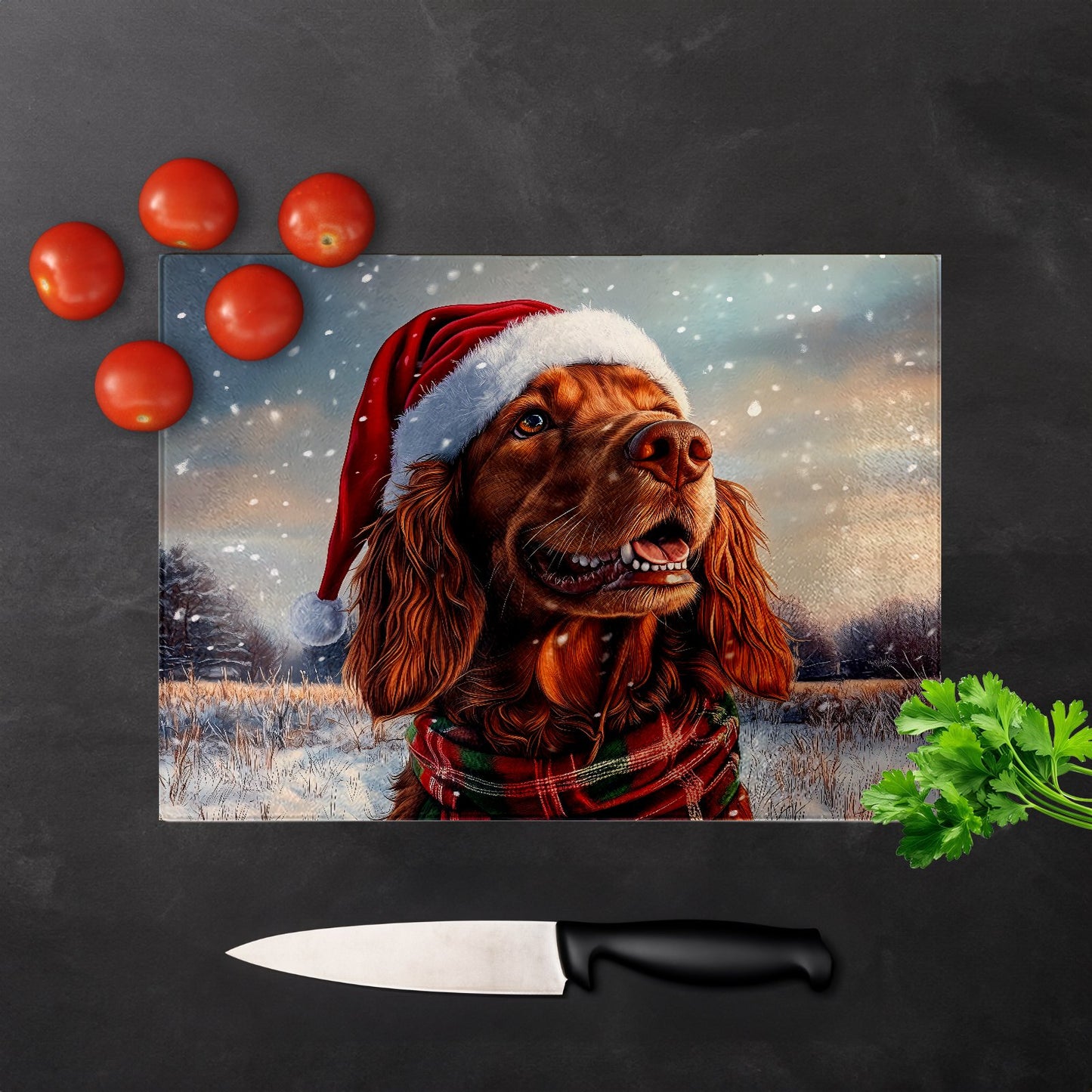Snowy Christmas Irish Setter Glass Chopping Board