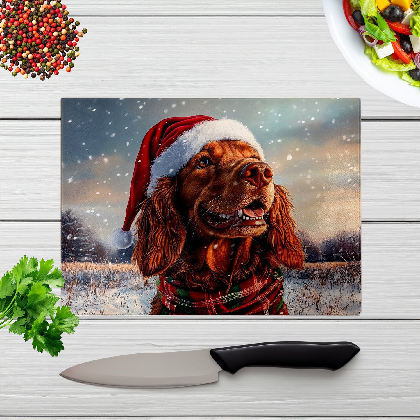 Snowy Christmas Irish Setter Glass Chopping Board