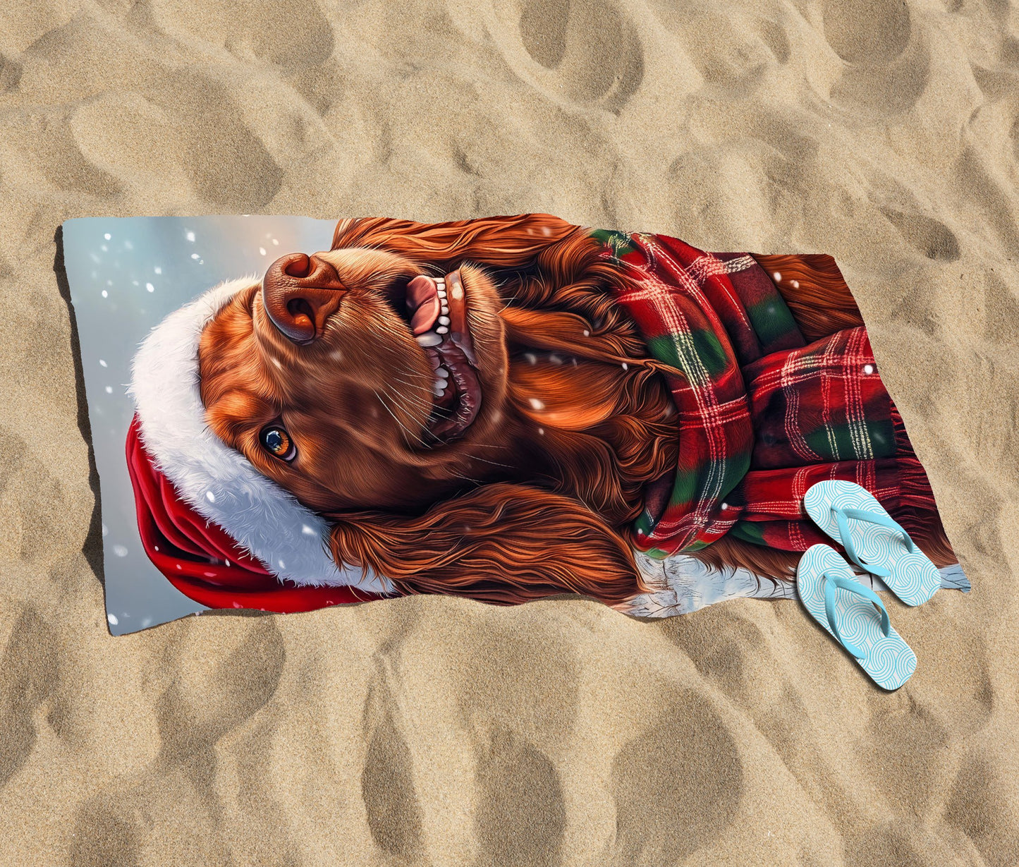 Snowy Christmas Irish Setter Beach Towel