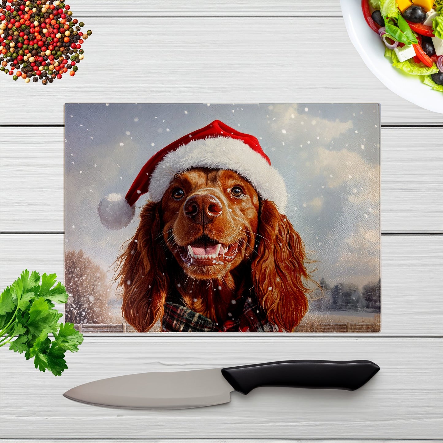 Christmas Irish Setter Glass Chopping Board