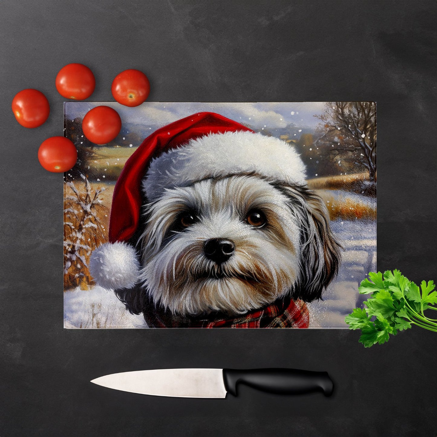 Snowy Christmas Havanese Glass Chopping Board
