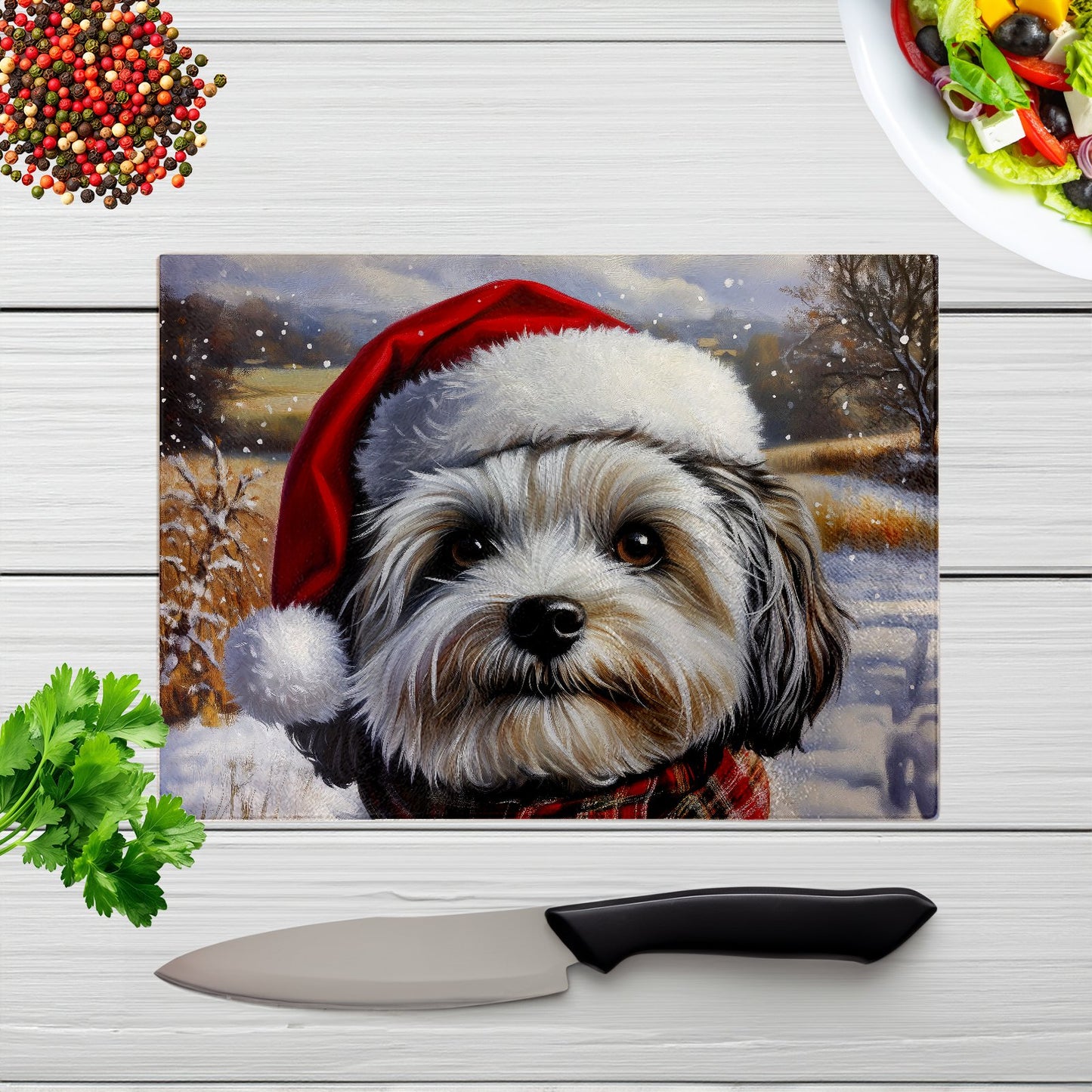 Snowy Christmas Havanese Glass Chopping Board