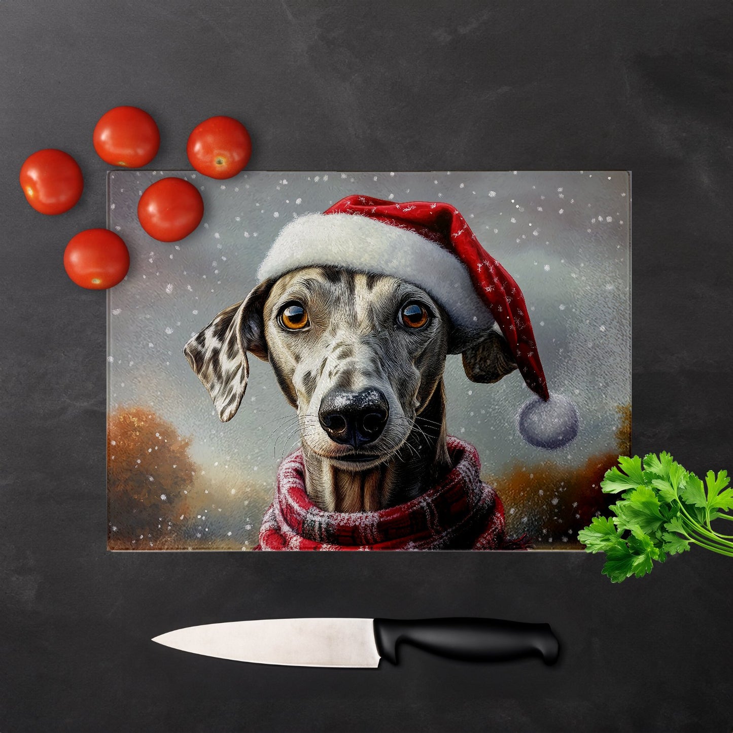 Snowy Christmas Greyhound Glass Chopping Board