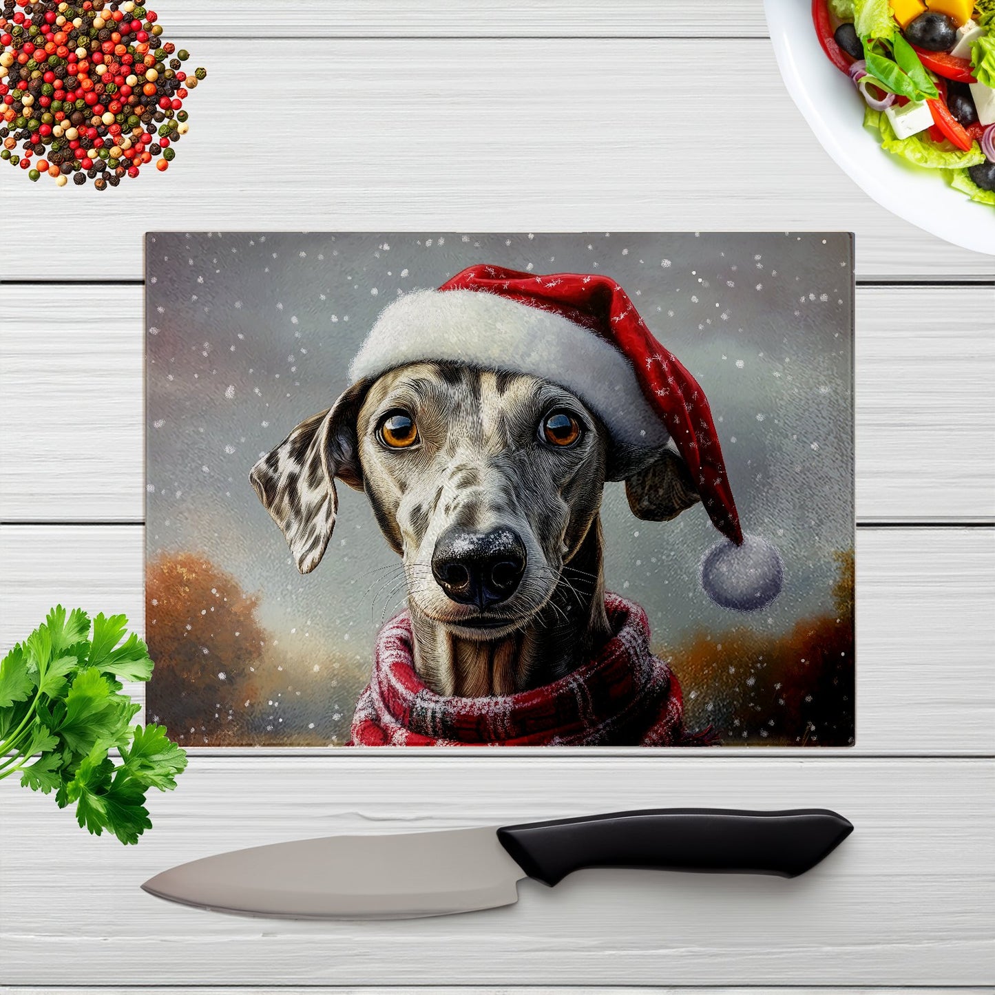 Snowy Christmas Greyhound Glass Chopping Board
