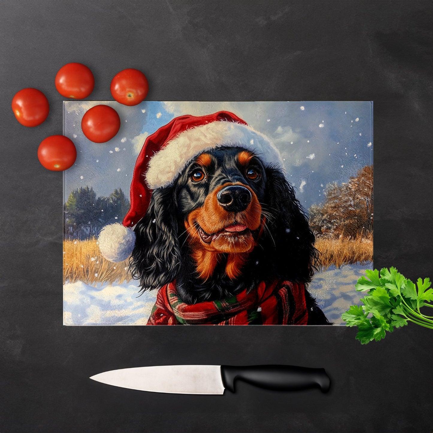 Snowy Christmas Gordon Setter Glass Chopping Board