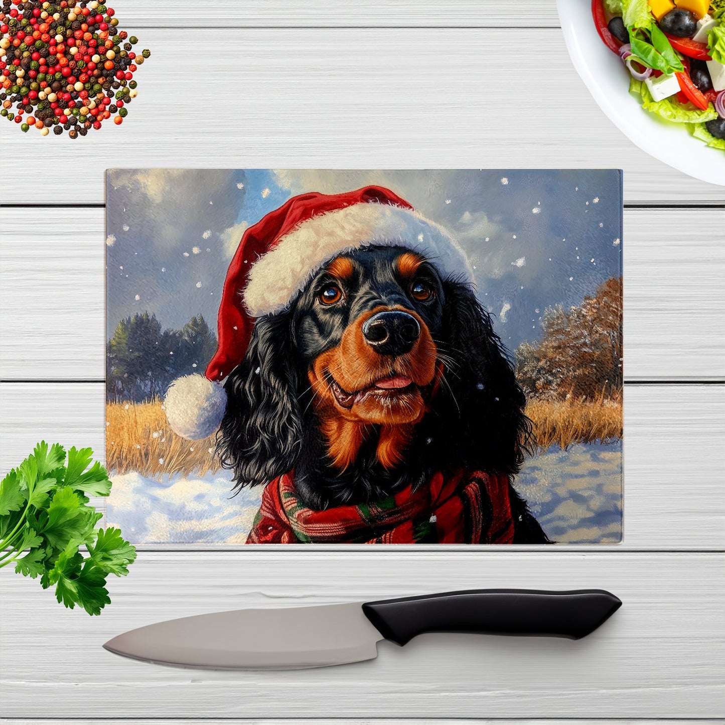 Snowy Christmas Gordon Setter Glass Chopping Board
