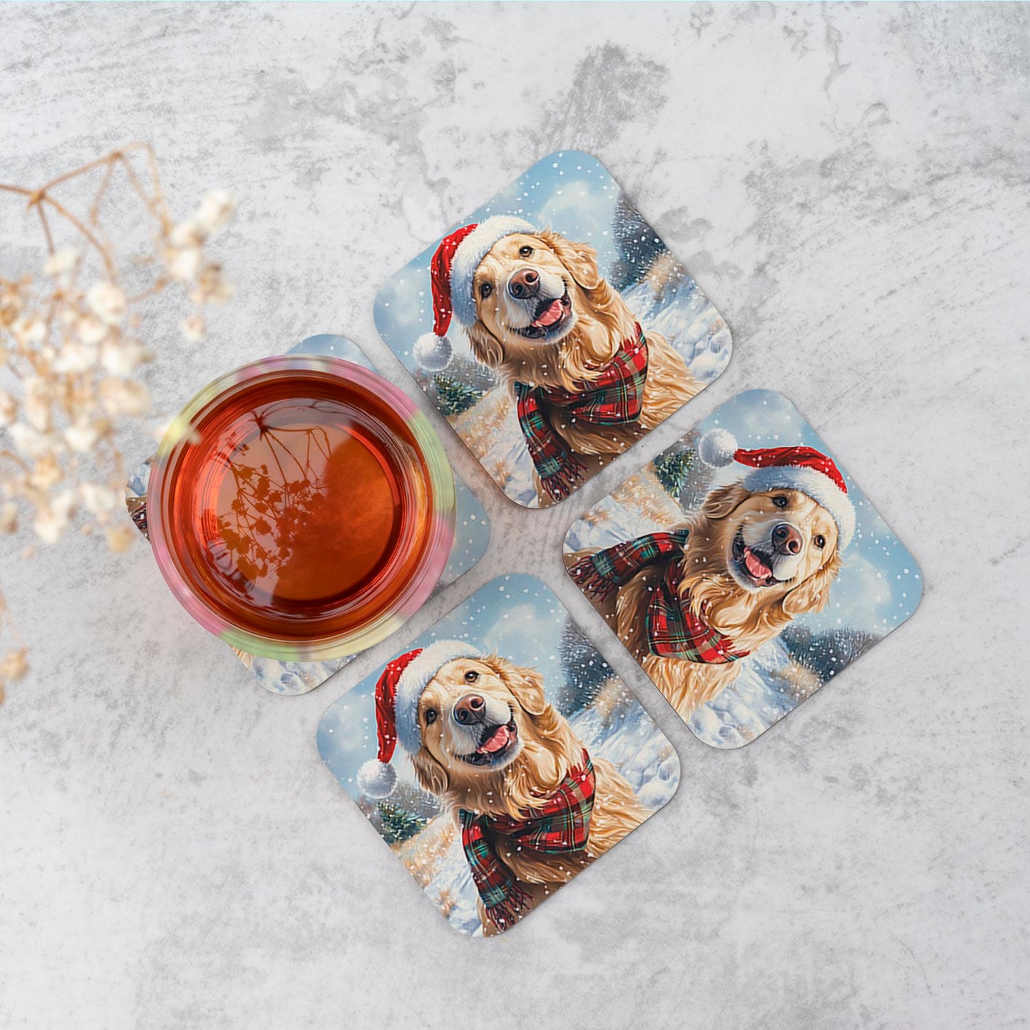 Snowy Christmas Golden Retriever Coasters