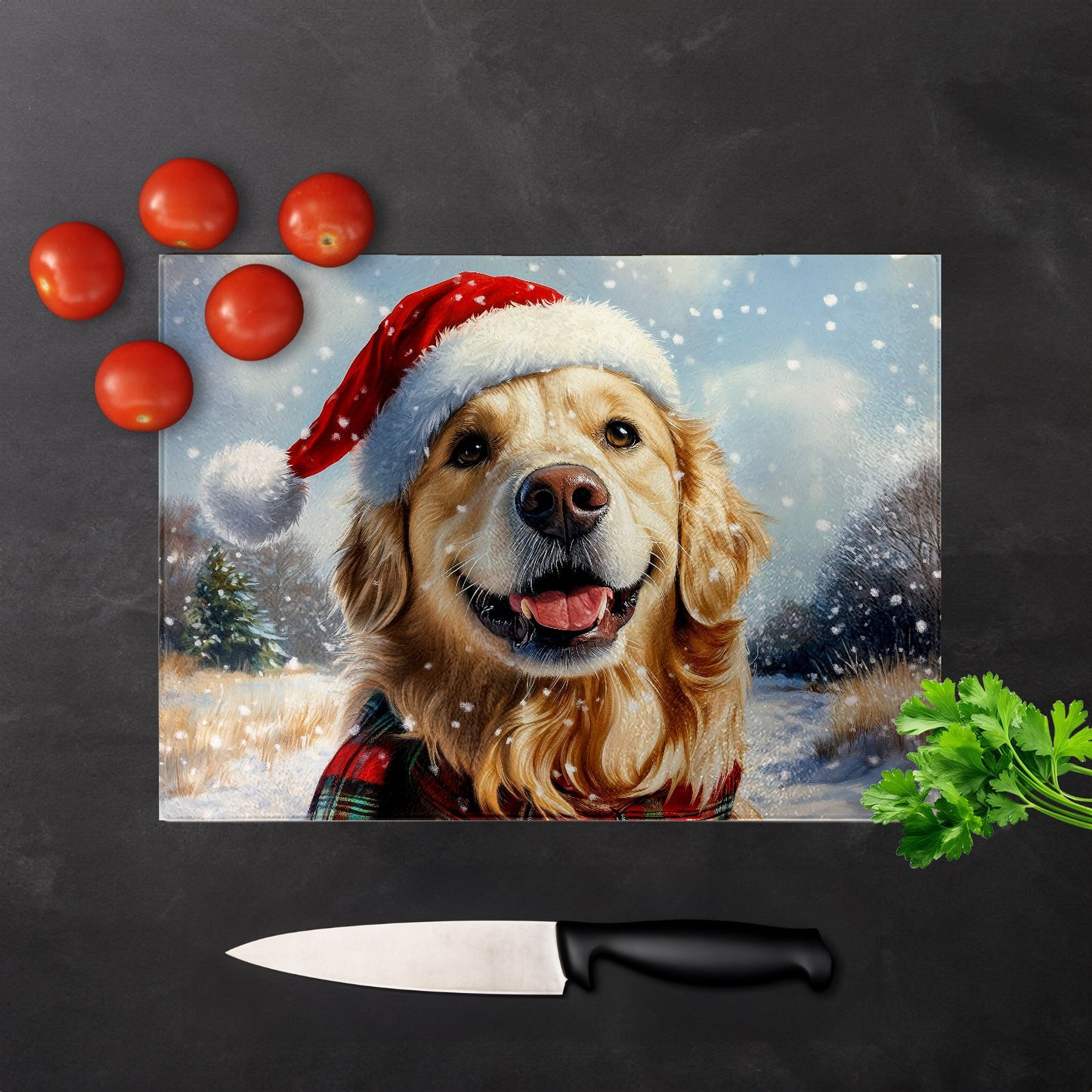 Snowy Christmas Golden Retriever Glass Chopping Board