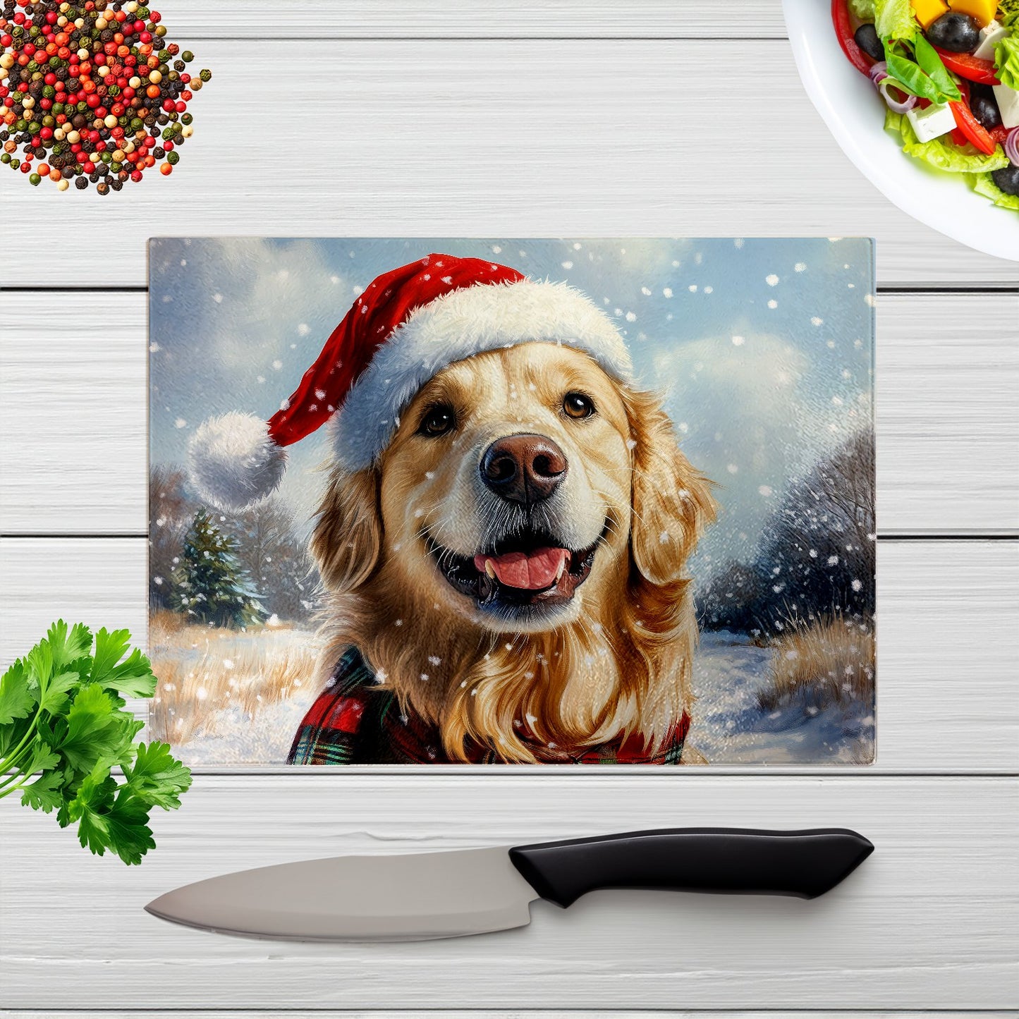 Snowy Christmas Golden Retriever Glass Chopping Board