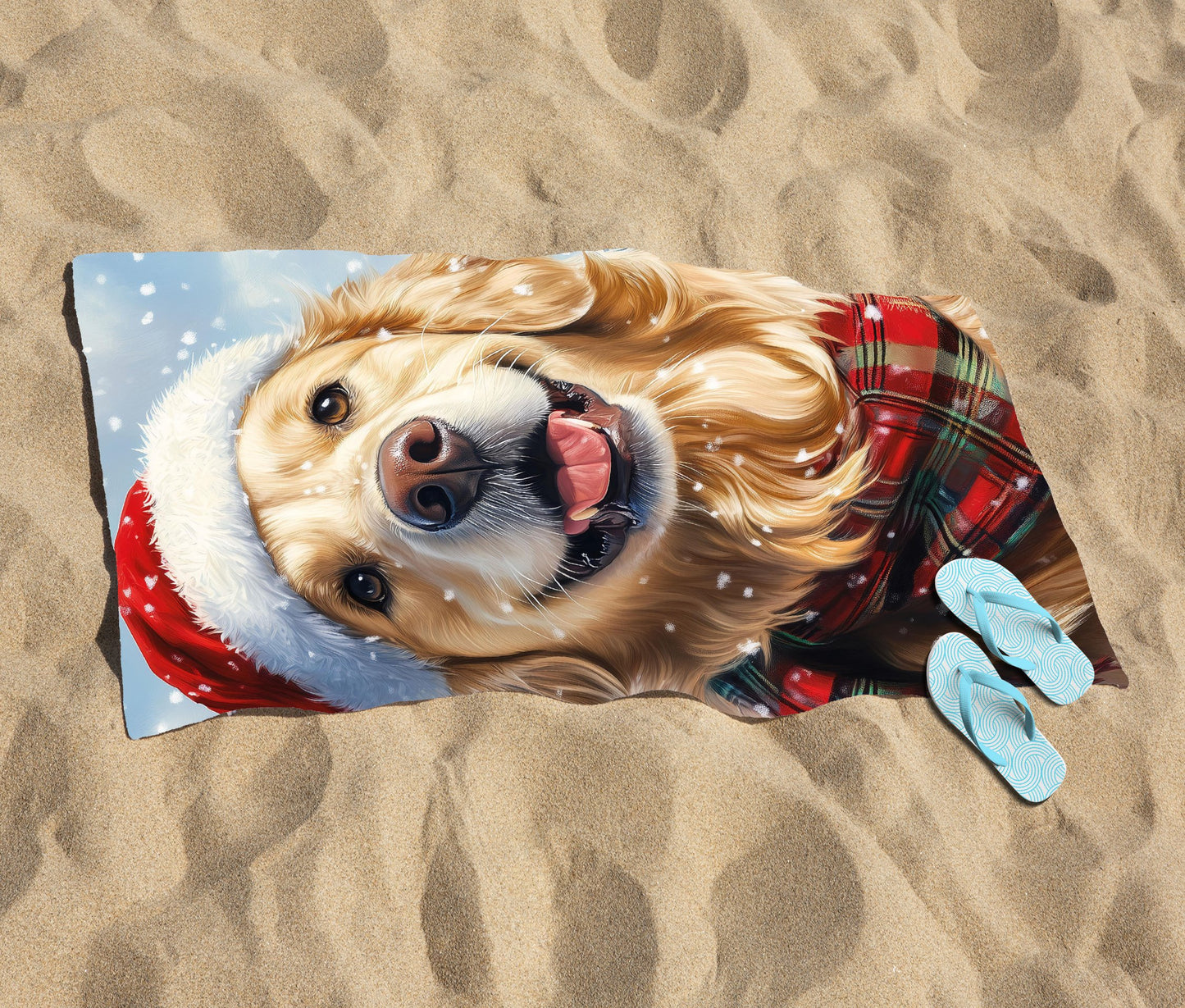 Snowy Christmas Golden Retriever Beach Towel