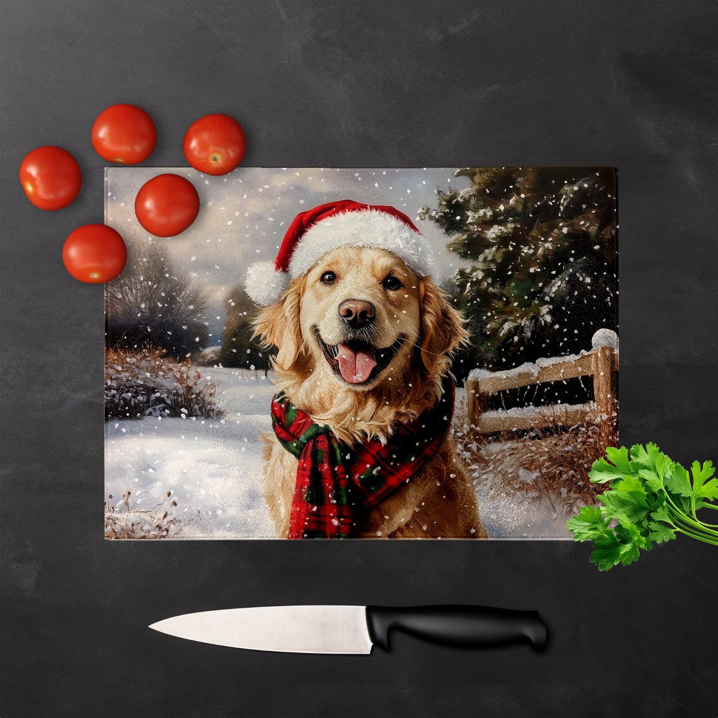 Christmas Golden Retriever Glass Chopping Board
