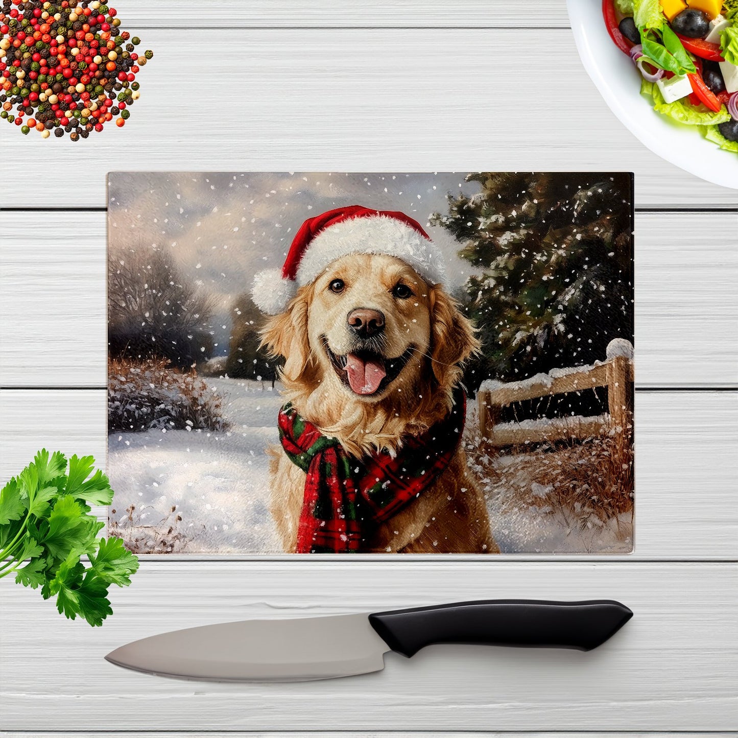 Christmas Golden Retriever Glass Chopping Board