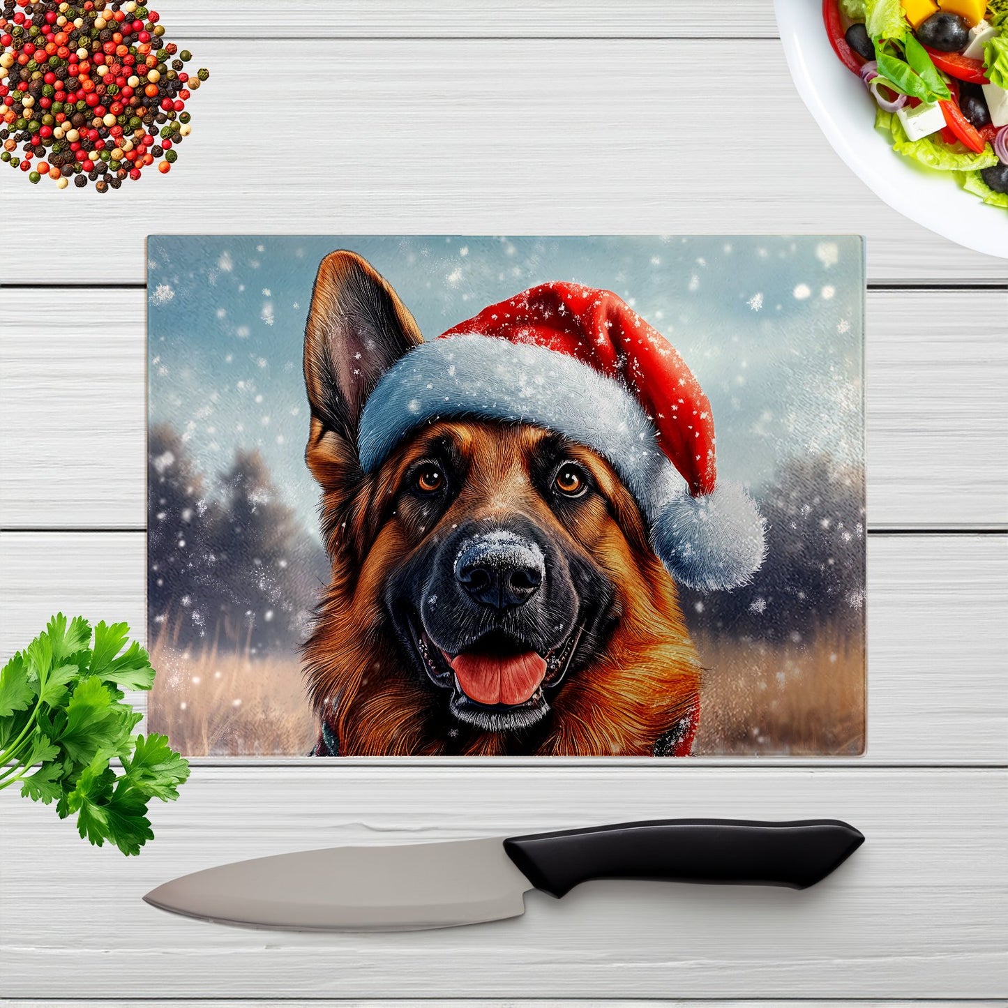 Christmas German Shepherd Glass Chopping Board