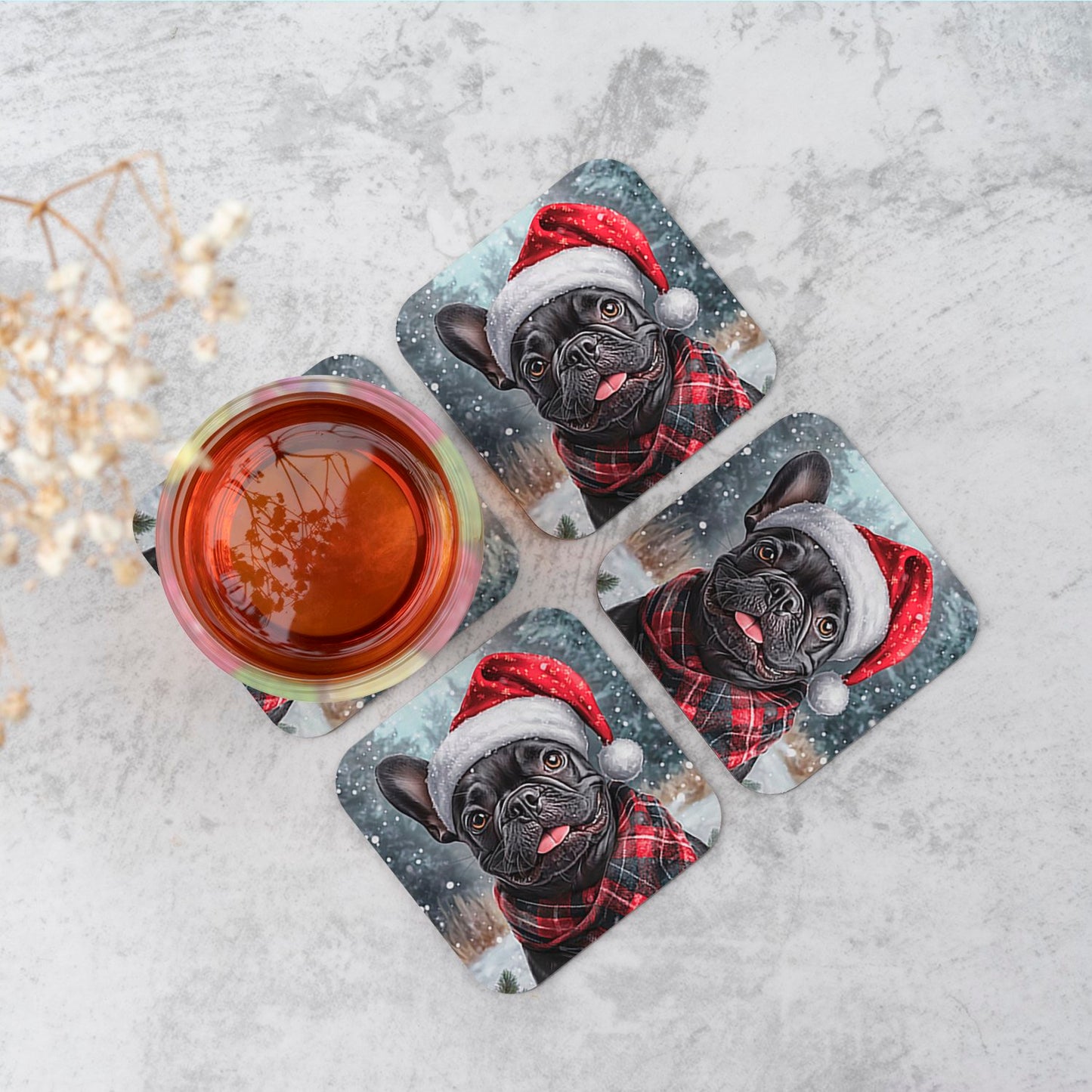 Snowy Christmas French Bulldog Coasters