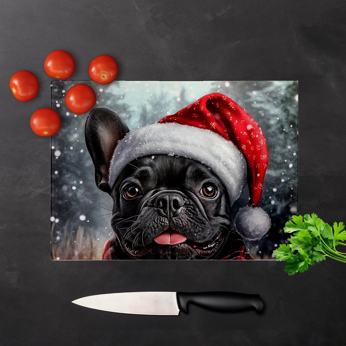 Snowy Christmas French Bulldog Glass Chopping Board
