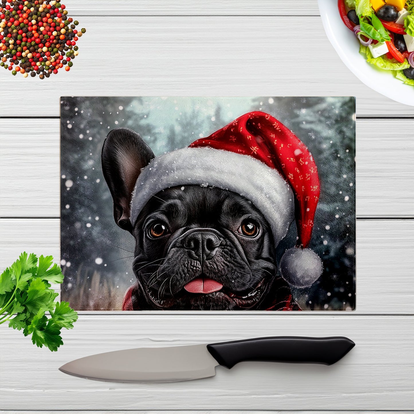 Snowy Christmas French Bulldog Glass Chopping Board