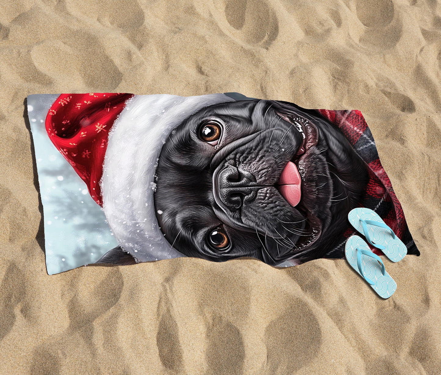 Snowy Christmas French Bulldog Beach Towel